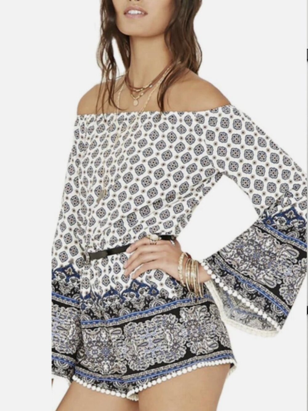FOREVER 21 Romper Boho Paisley Off Shoulder Long Bell Sleeves Small Festival